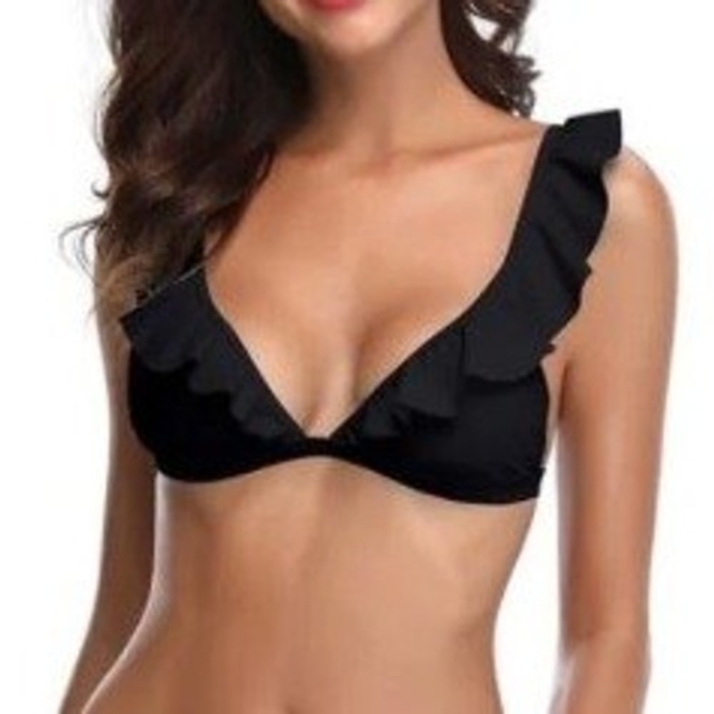 Shekini Women's Black Ruffles Flounce Cute V neck Bralette Bikini Top Size L NWT